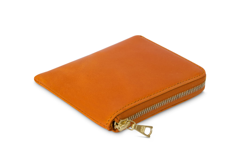 Leather wallet colour orange made from vegetable tanned leather with Riri zipper by LWA Studio.