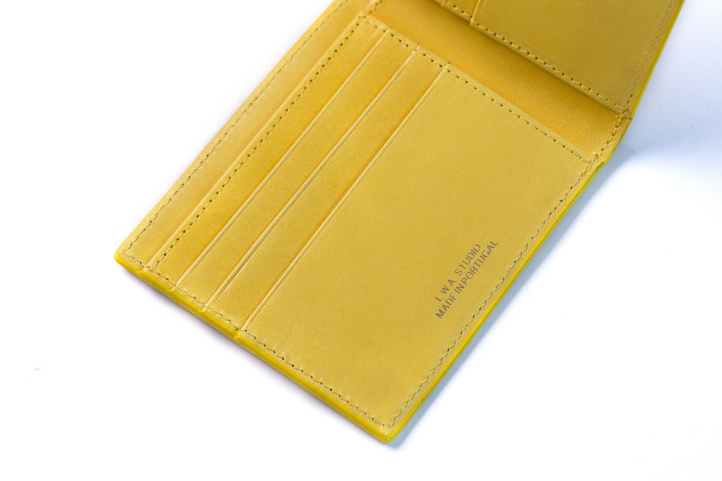 Leather billfold wallet colour yellow made from vegetable tanned leather by LWA Studio. 